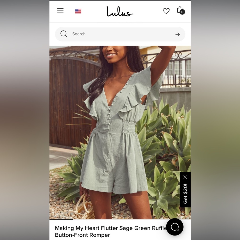 Lulu's Making my heart flutter sage green ruffled button-front romper